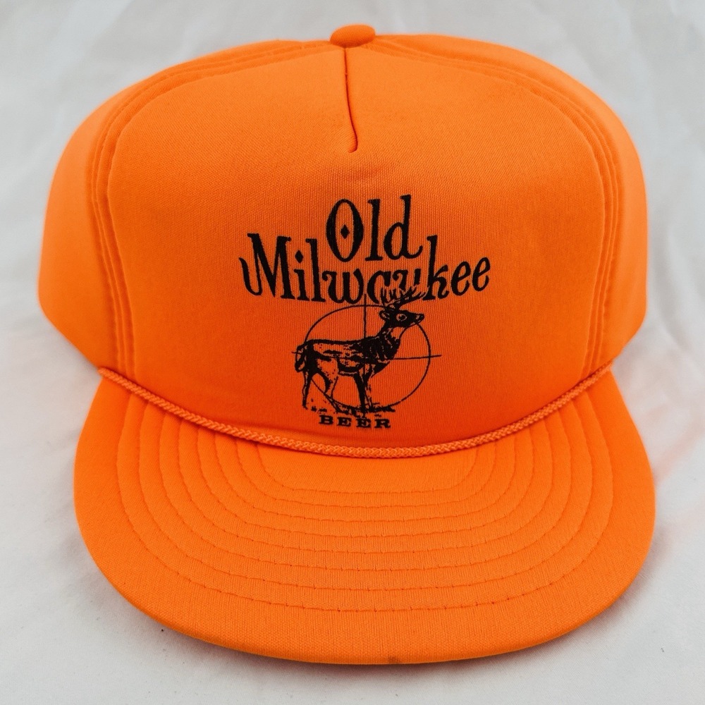 Vintage 90s Old Milwaukee Beer Hat Blaze Orange Deer Hunting Snapback Rope